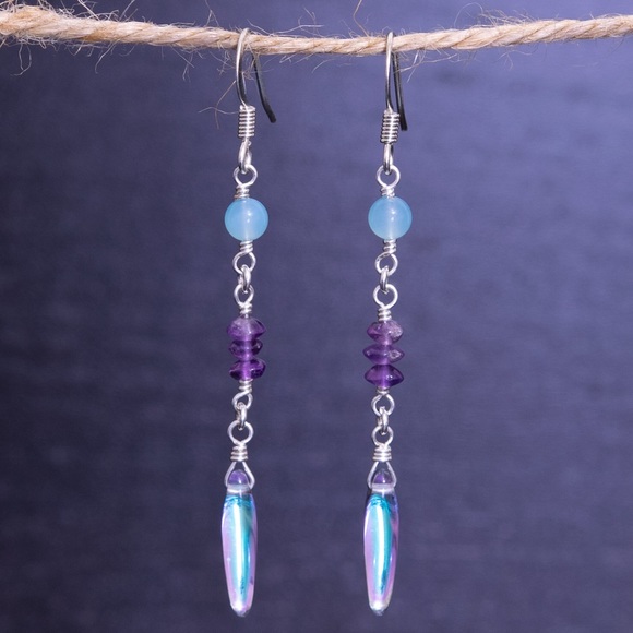 Handmade Jewelry - Handmade Amethyst & Glass Thorn Drop Earrings